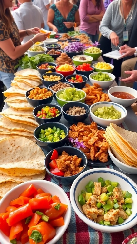 A quesadilla bar with tortillas, cheese, proteins, and toppings for guests to create their own quesadillas.
